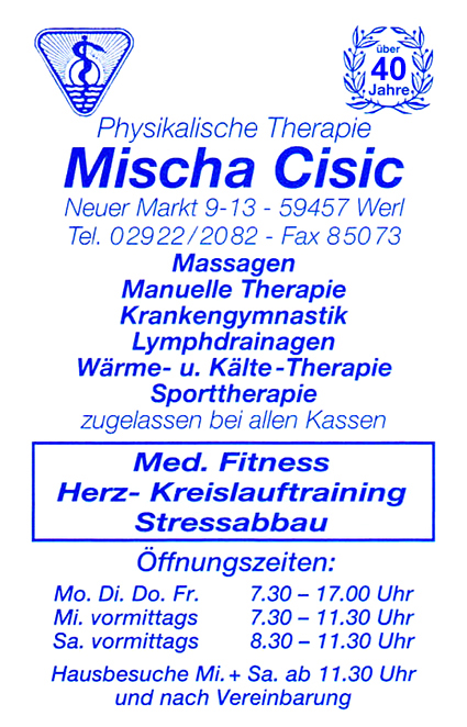 Praxisschild der Physikalische Therapiepraxis A. Mischa Cisic, Neuer Markt 9-13, 59457 Werl